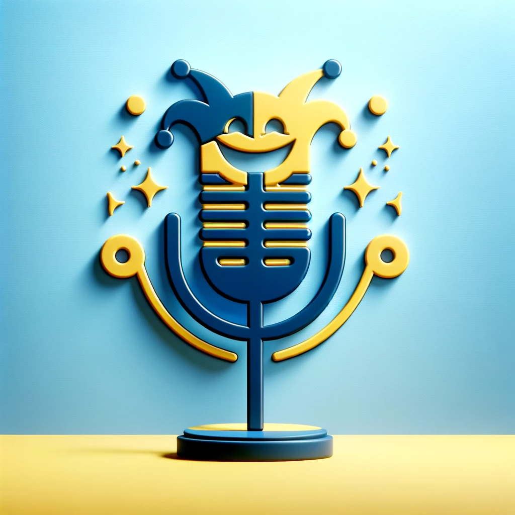 micro stylisé bleu et jaune avec chapeau de bouffon, illustrant l humour dans le cadre d une création de jingle ou de brand content audio