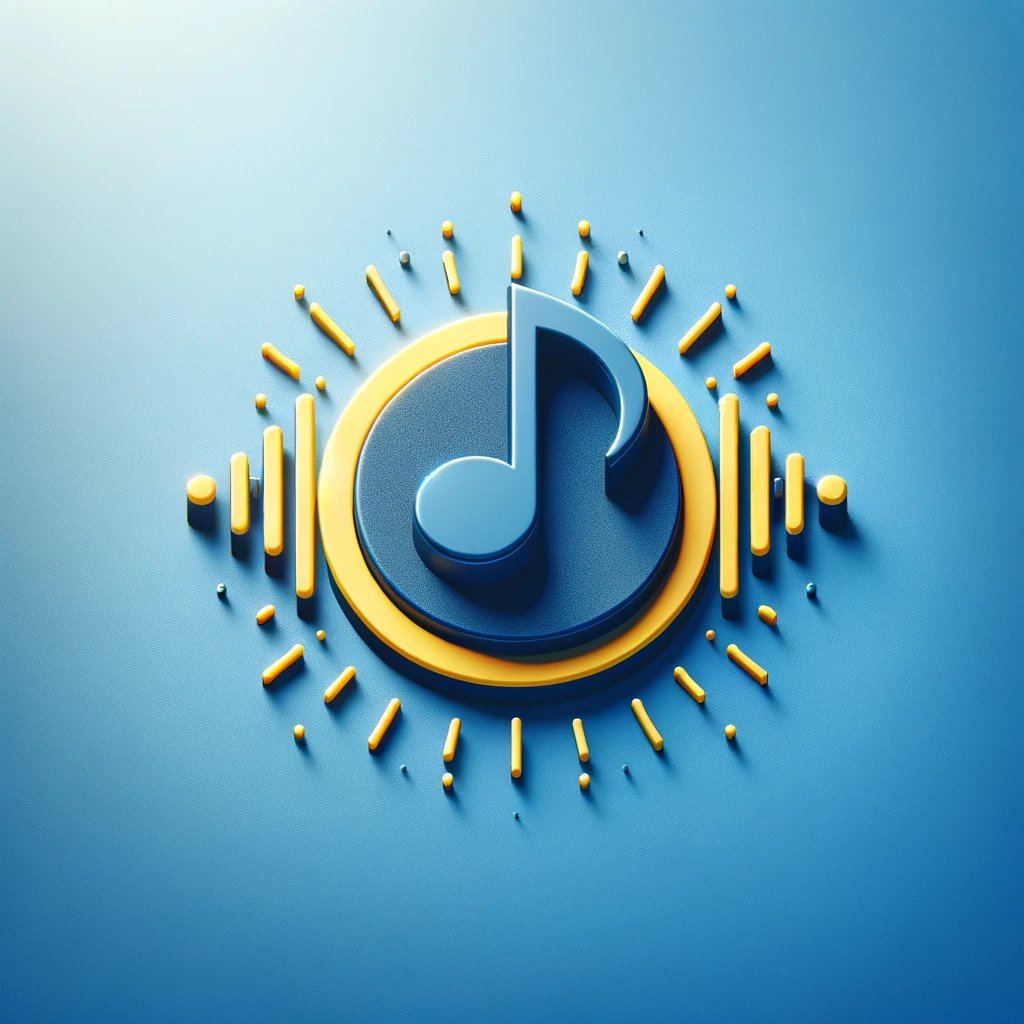 note de musique bleue avec ondes sonores jaunes sur fond bleu, représentant la création sonore dans une démarche de brand content