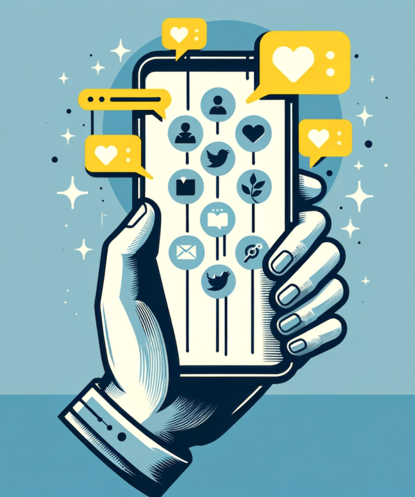 main tenant un smartphone affichant des notifications social media représentant l engagement piloté par notre studio à Marseille