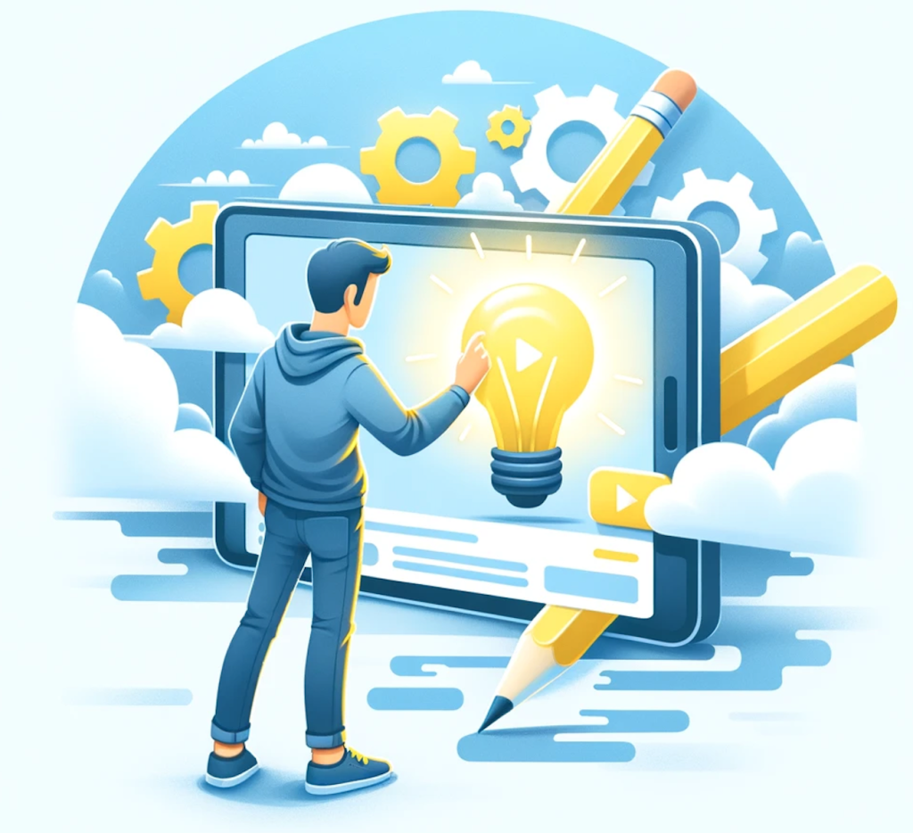 illustration designer pointant une ampoule sur une tablette dans le cadre d une session créative motion design par notre studio à Marseille