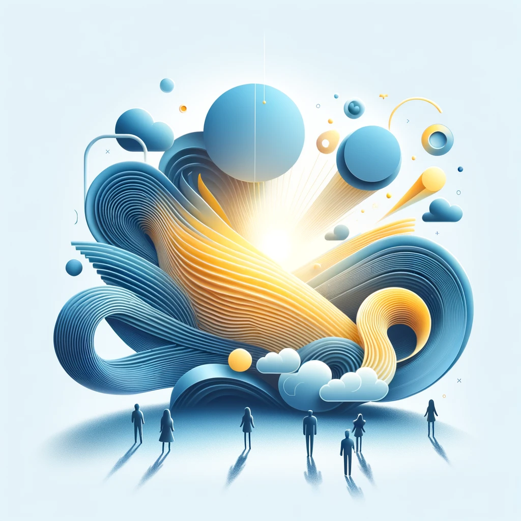 illustration abstraite vagues bleues et jaunes avec silhouettes représentant les transformations créatives proposées par notre direction artistique