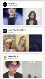 captures snapchat des marques mugler jean paul gaultier et givenchy illustrant l usage des filtres ar pour brand content luxe