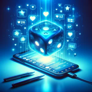 dé lumineux flottant au-dessus d un smartphone avec coeurs et étoiles symbolisant la chance de viralité d un contenu social media