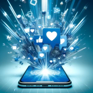 explosion d icônes de likes et coeurs jaillissant d un smartphone illustrant l engagement viral d un reel social media créé à Marseille