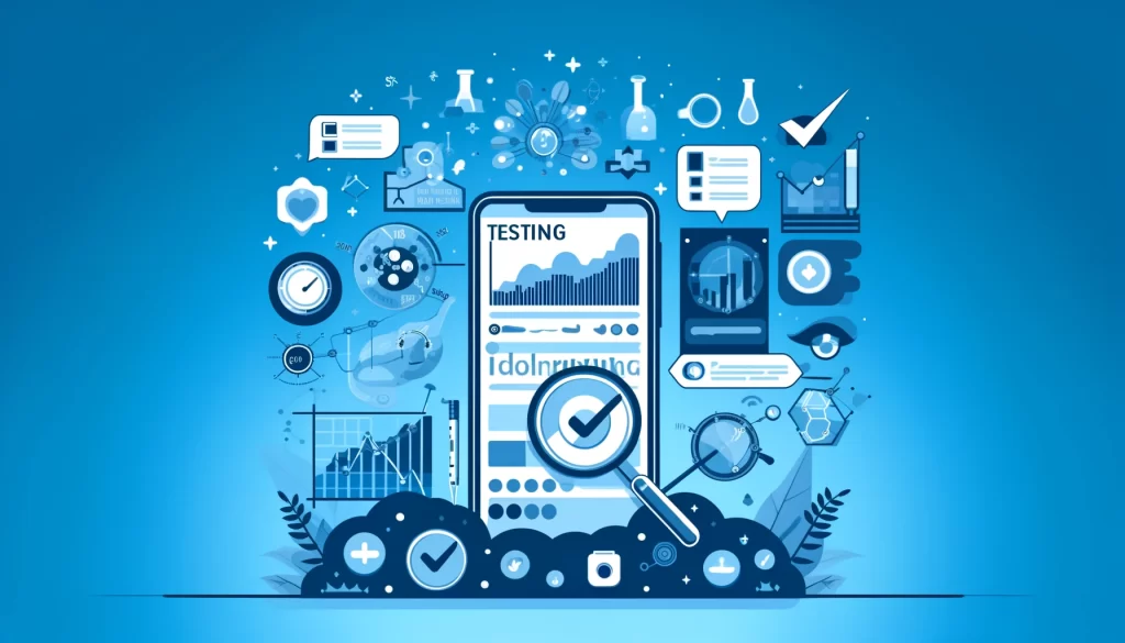 illustration bleue smartphone testing avec graphiques et loupes représentant l A/B testing d une stratégie social media par notre studio