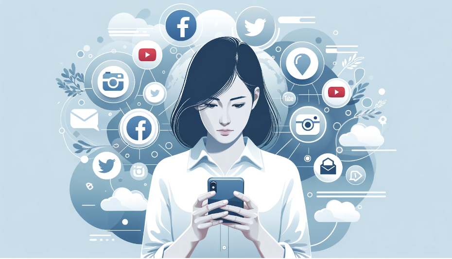illustration femme consultant son smartphone entourée d icônes facebook twitter youtube représentant l analyse réseaux sociaux par notre studio