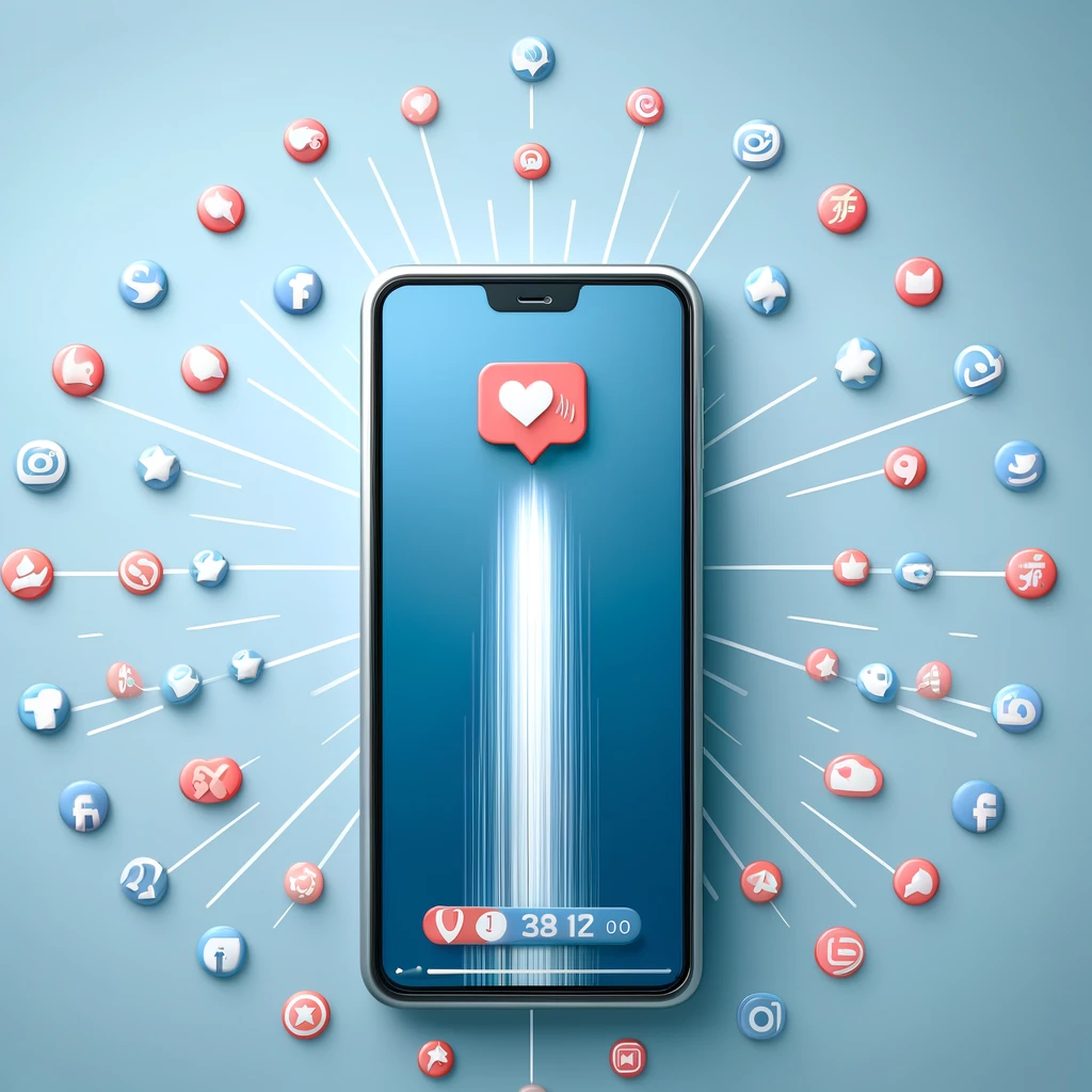 smartphone entouré d icônes réseaux sociaux et coeurs symbolisant la viralité d un contenu social media créé par notre studio à Marseille