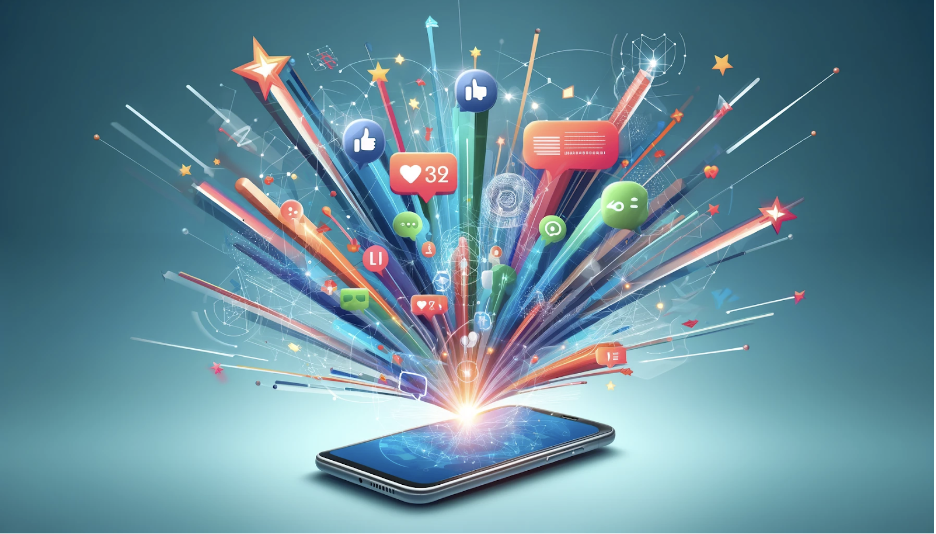 smartphone projetant un feu d artifice d icônes social media représentant la stratégie de viralisation pilotée par notre studio à Marseille