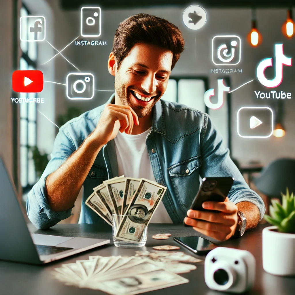 homme souriant avec billets et icônes youtube instagram tiktok illustrant la monétisation des créateurs gérée par notre agence d influenceurs