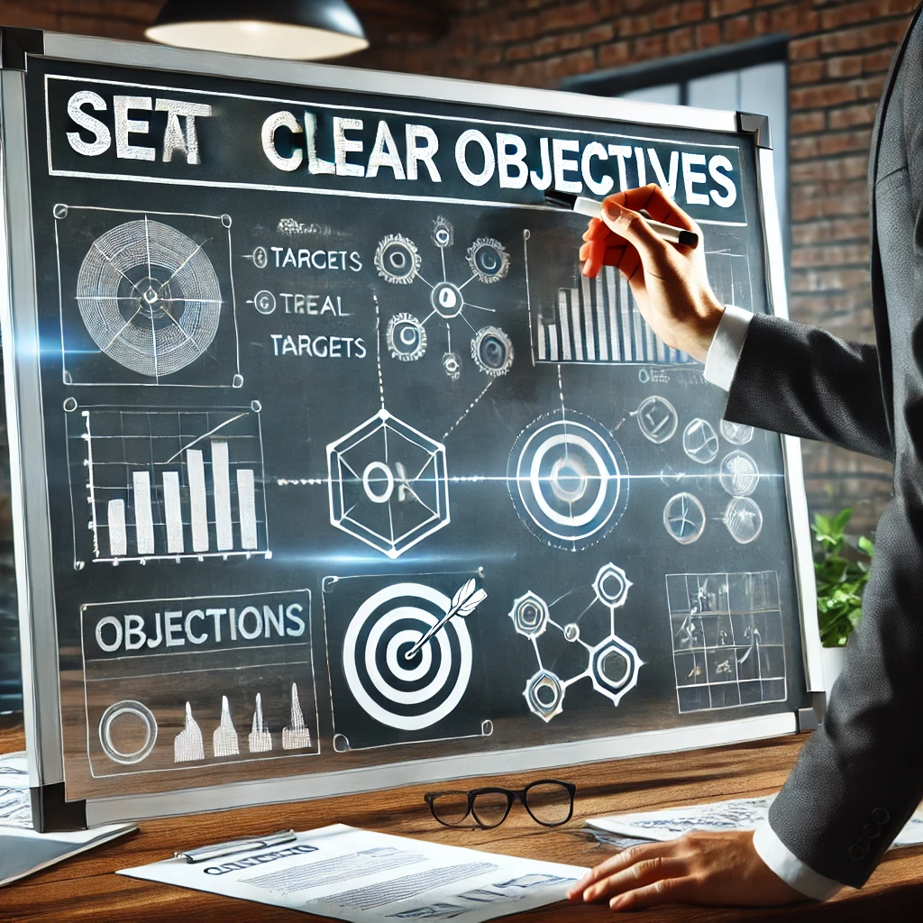 tableau noir avec objectifs cibles et graphiques dans le cadre d une stratégie communication marque définie par notre studio