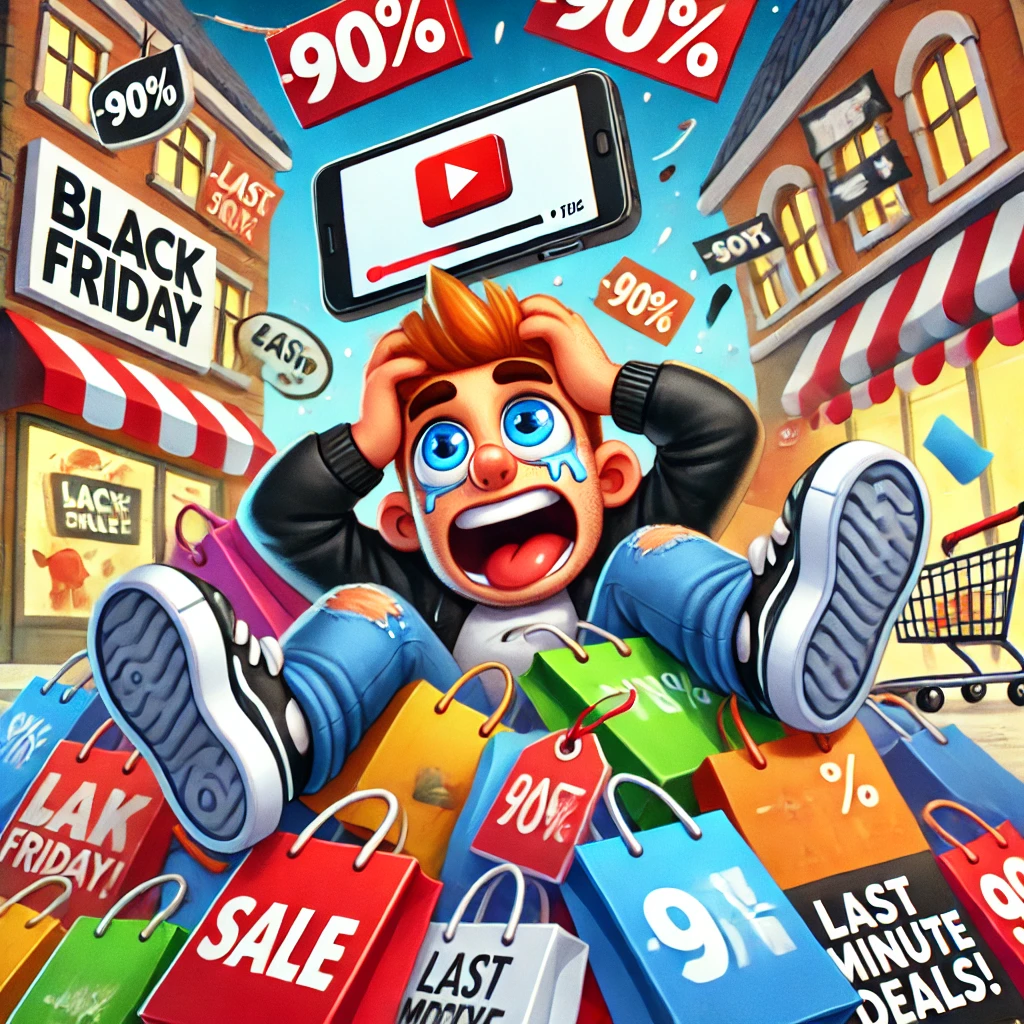 Illustration humoristique de Black Friday avec un personnage débordé par les achats, des étiquettes de soldes exagérées, et une touche légère pour refléter l'effervescence des promotions et des vidéos marketing.
