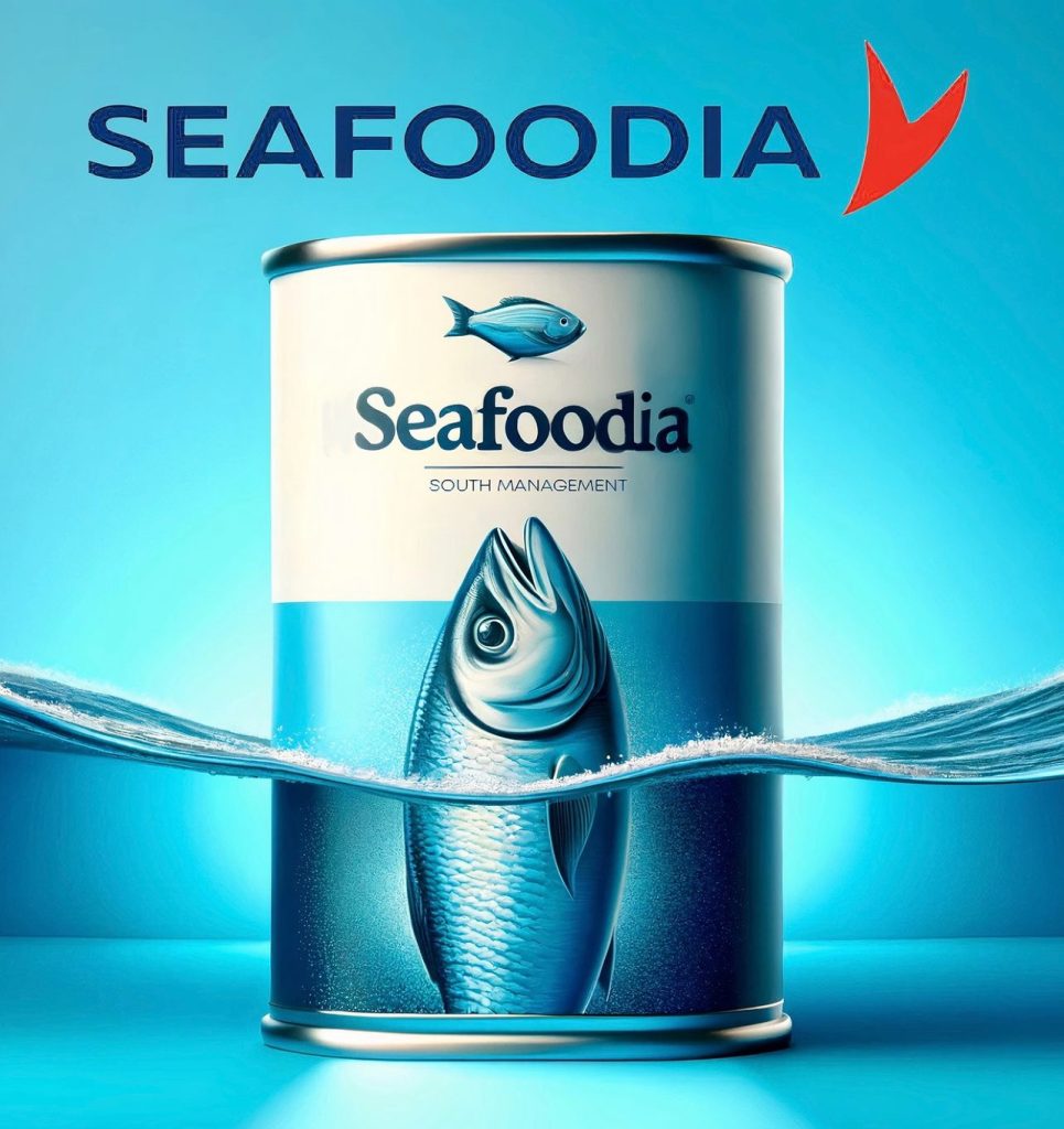 boite seafoodia avec sardine bleue et lettrage marque integree par notre studio