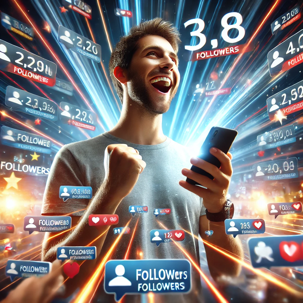 illustration d un homme jubilant smartphone en main entoure de notifications followers