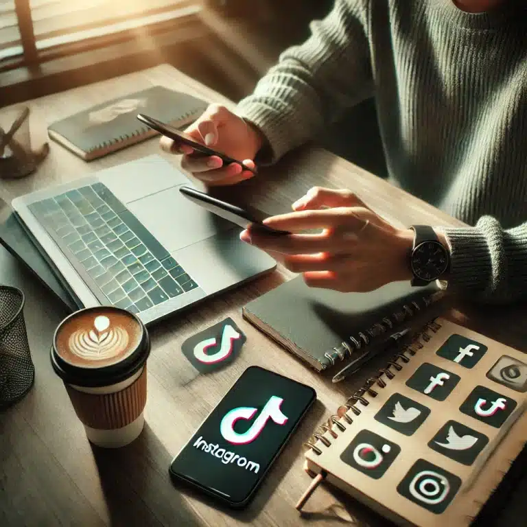 scene de bureau avec smartphone instagram et logos reseaux sociaux pour article digital