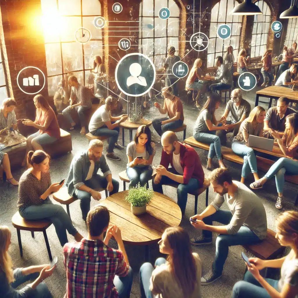 scene illustree d un cafe convivial avec utilisateurs sur smartphone et icones reseaux