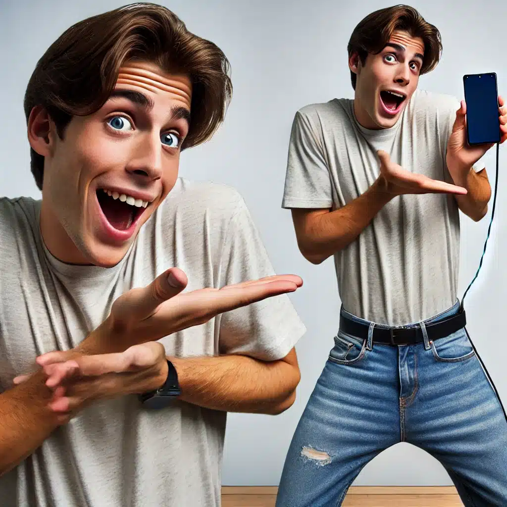 double illustration humoristique d un jeune homme presentant un smartphone avec gestes exageres