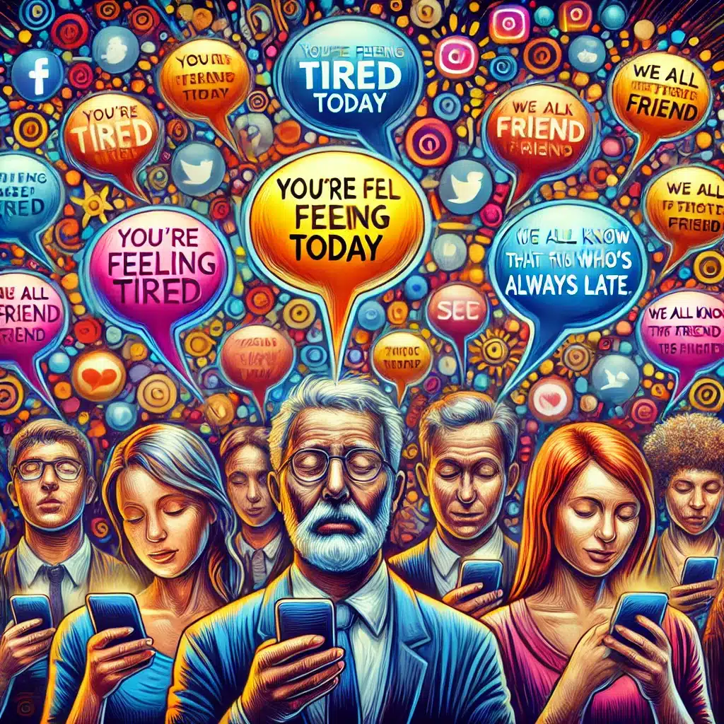 scene illustree avec bulles you re feeling tired sur reseaux sociaux effet barnum