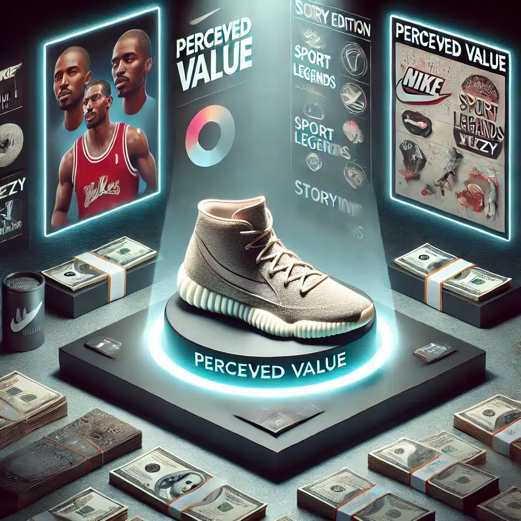 sneaker de luxe sur socle noir entoure de billets pour visuel valeur percue marketing