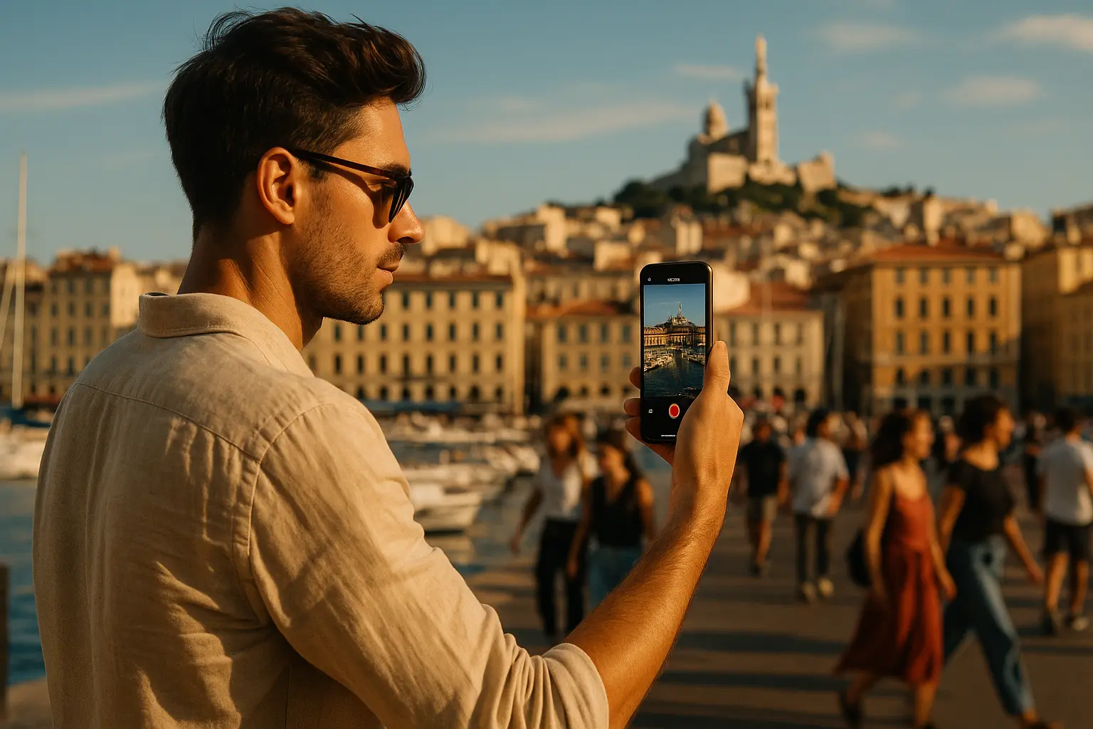 Un homme filme un Reel Instagram avec son smartphone au Vieux-Port de Marseille, avec Notre-Dame de la Garde et des bateaux en fond.