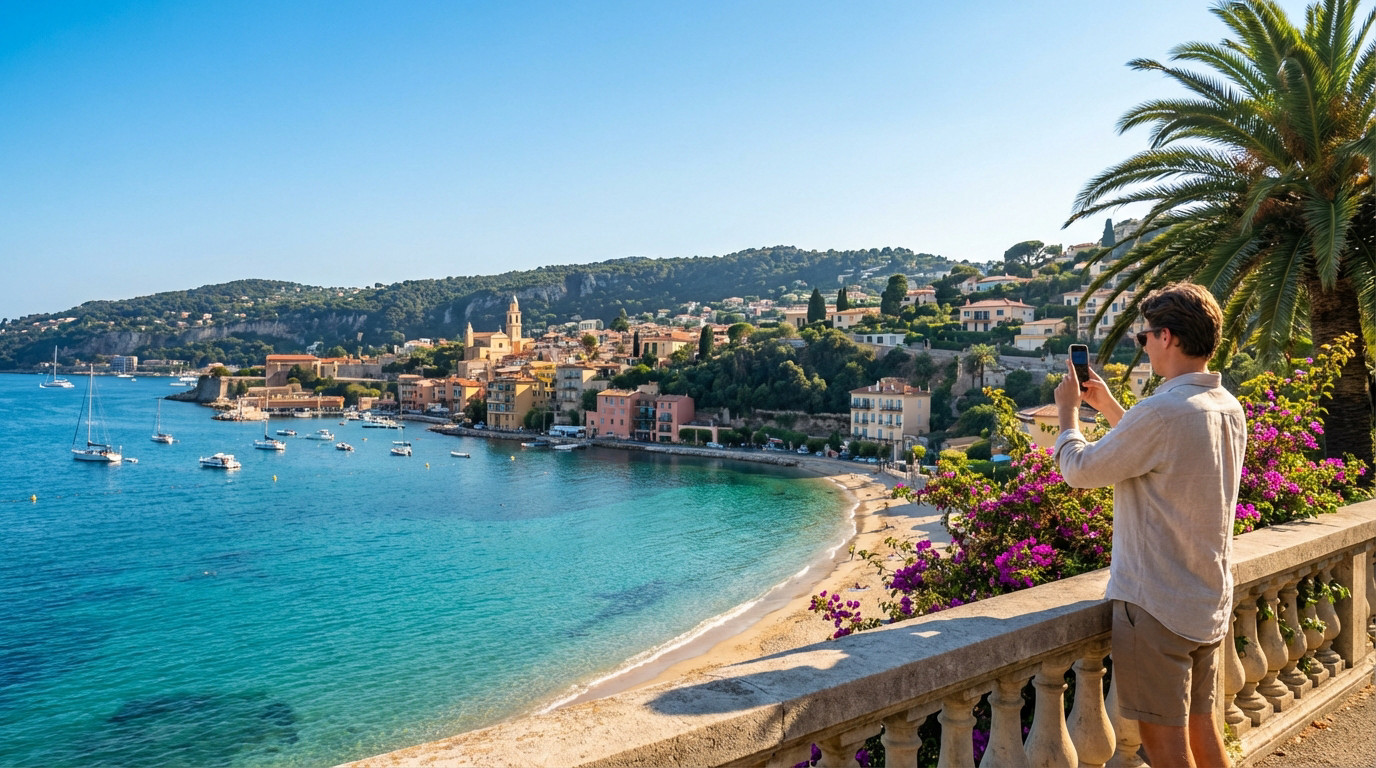 A man captures a picturesque French Riviera scene with a smartphone, featuring a vibrant coastal village, turquoise bay, and lush hills.