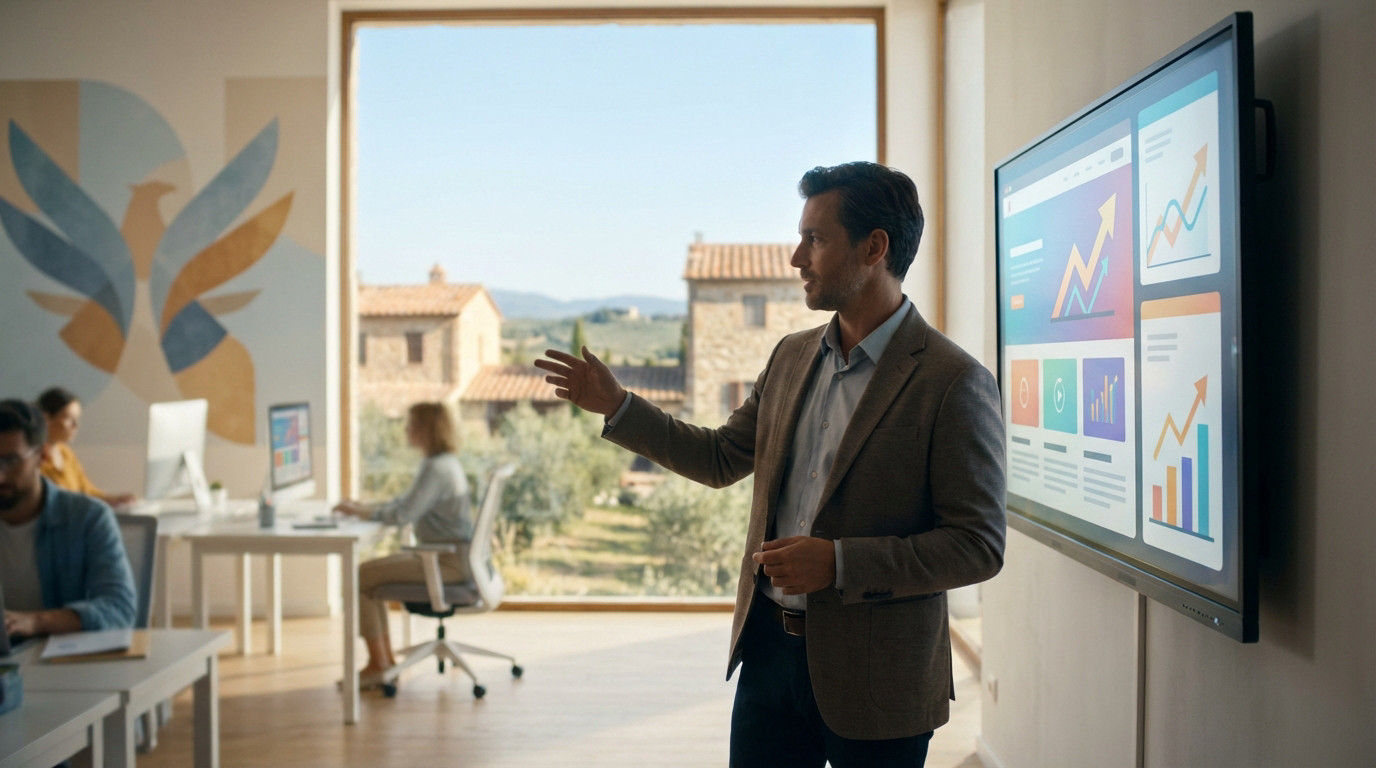 Professional presents vibrant marketing data on a large screen in a bright office. Mediterranean landscape visible through window.