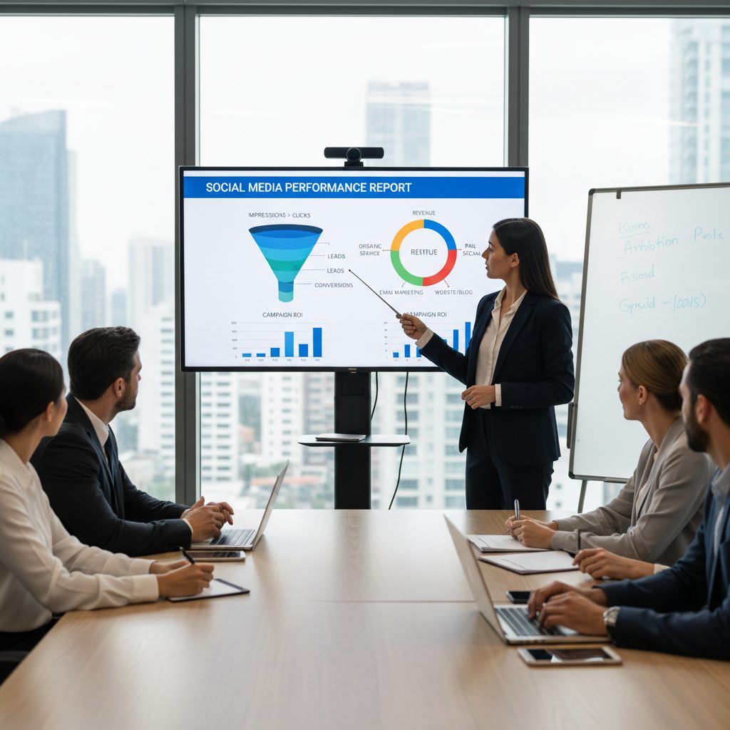 Analyste présentant un rapport de performance réseaux sociaux