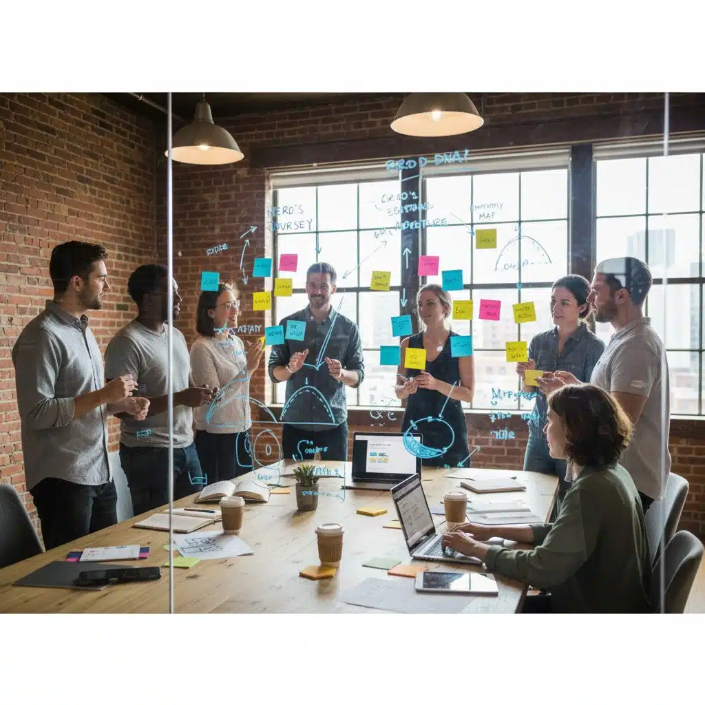 Atelier storytelling avec équipe créative et cadre narratif