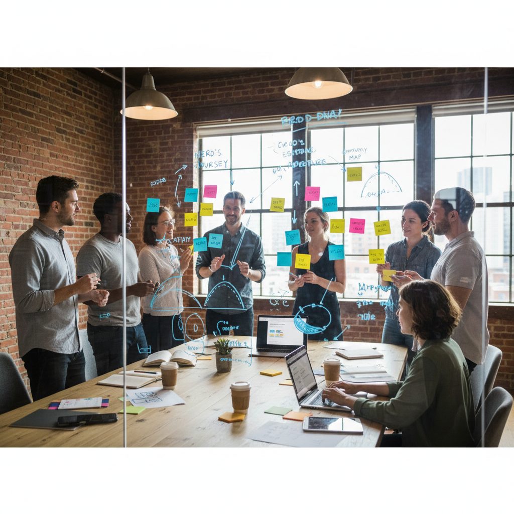Atelier storytelling avec équipe créative et cadre narratif