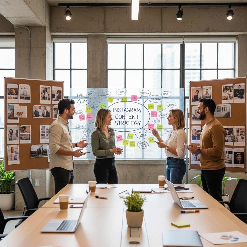 Équipe créative en brainstorming pour une stratégie de contenu Instagram