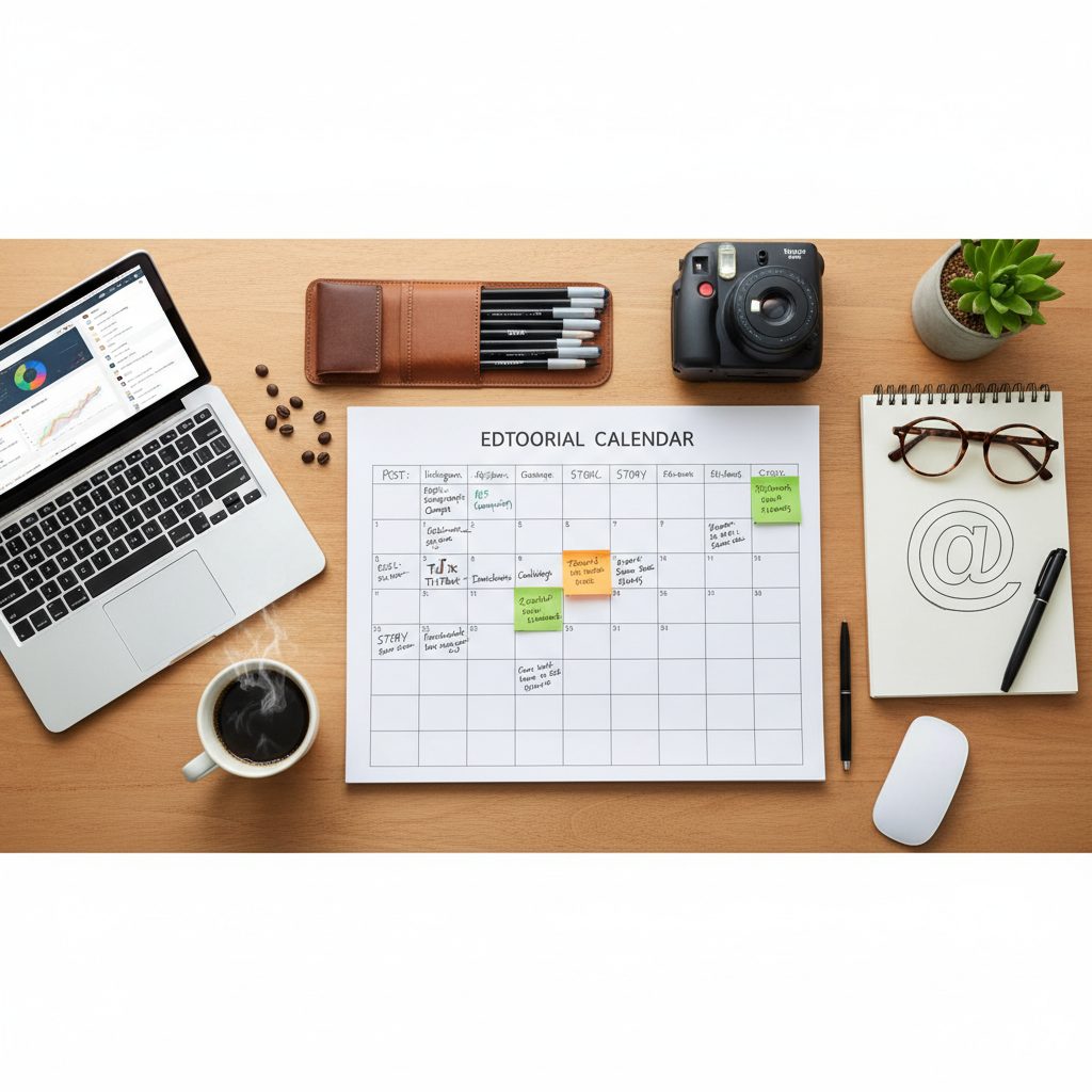 Bureau organisé avec calendrier éditorial imprimé et outils créatifs