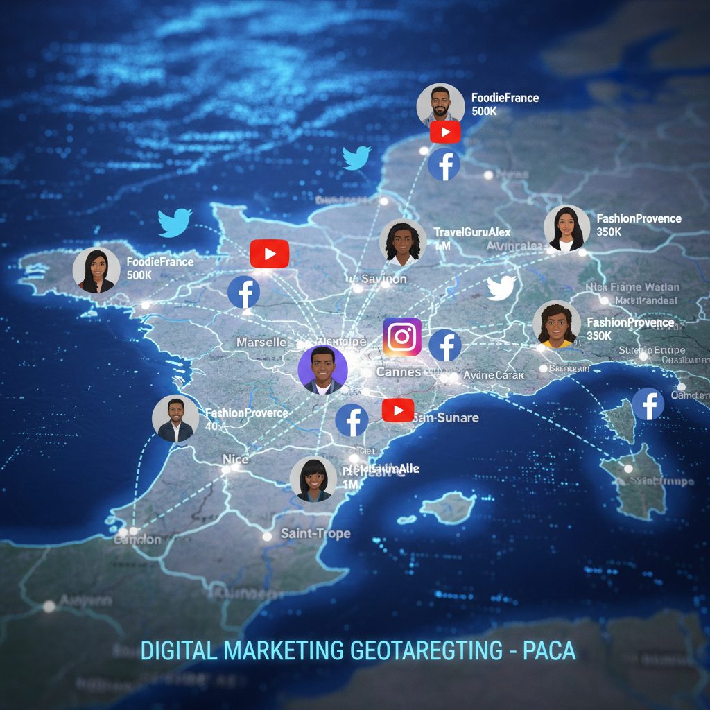 Carte région PACA avec concept marketing influence local