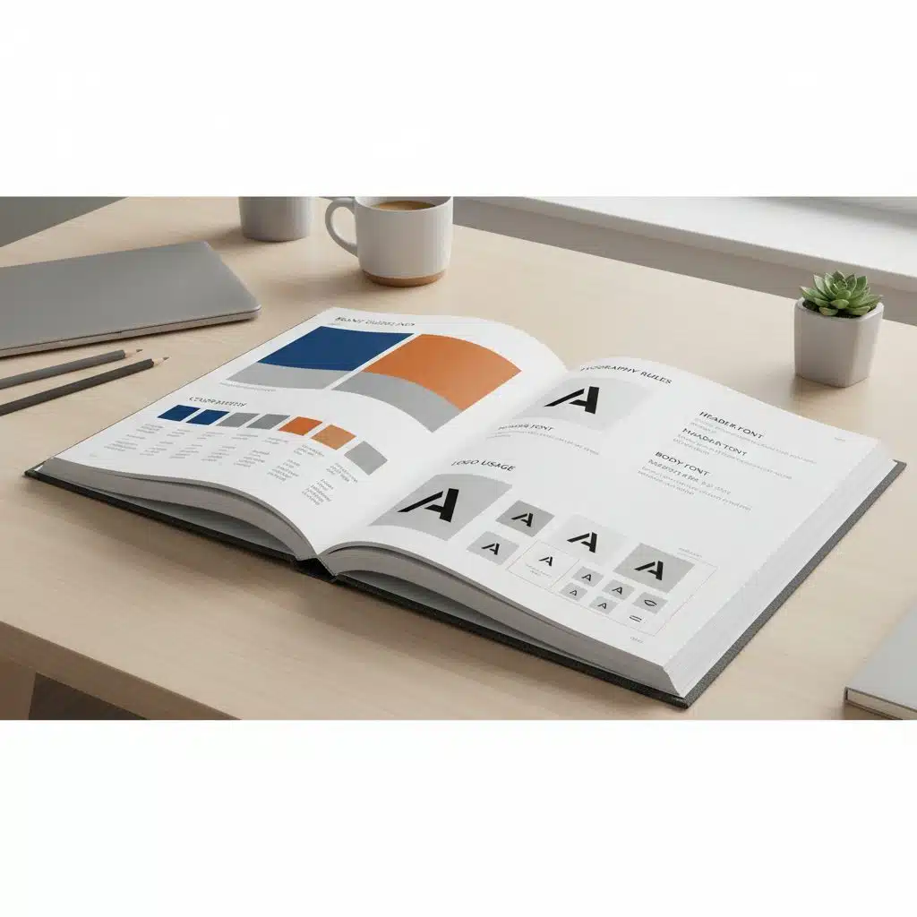 Charte graphique ouverte montrant les règles couleurs et typographie