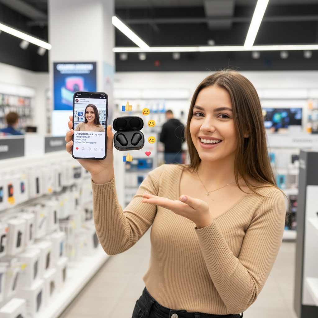 Cliente prenant un selfie avec un produit pour le partager sur les réseaux