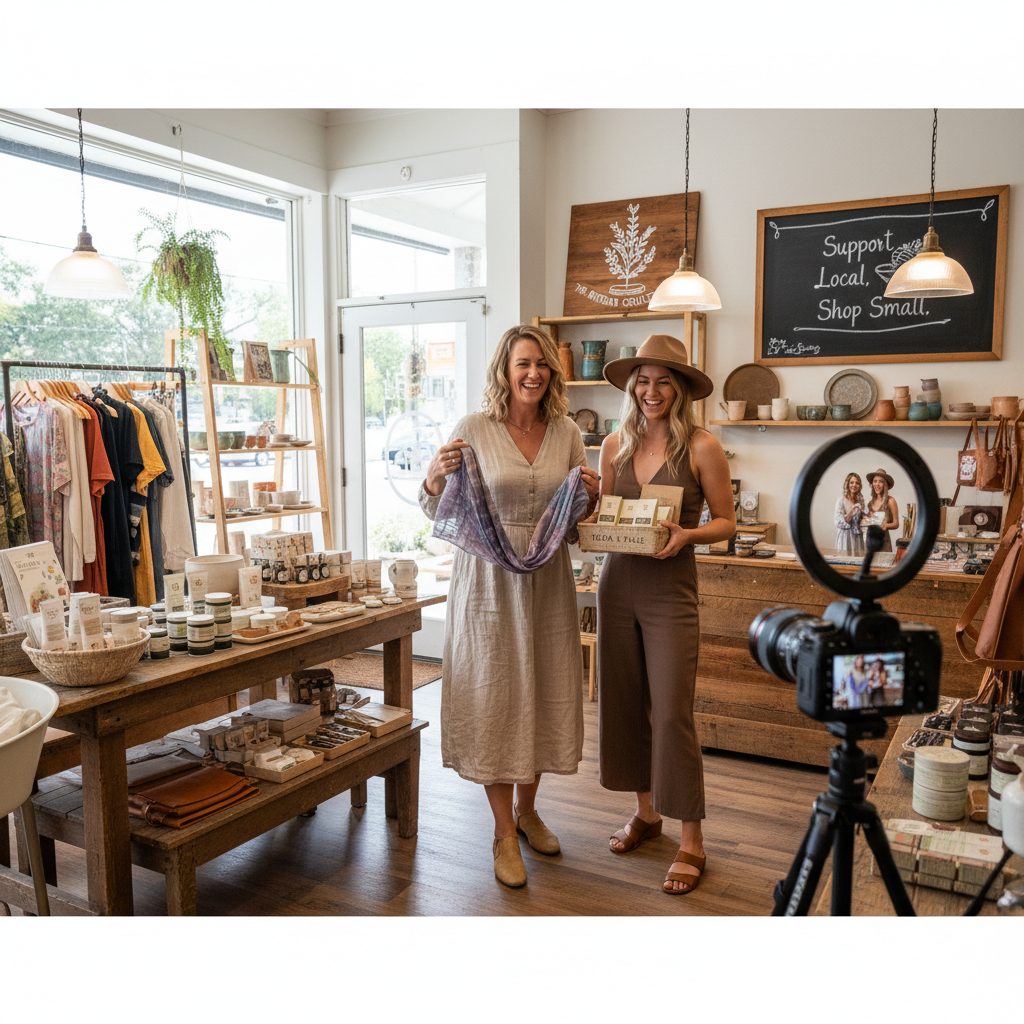 Commerçant et influenceur collaborant sur du contenu en boutique