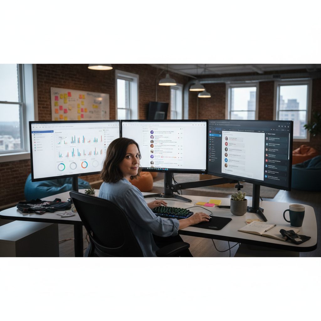 Community manager gerant plusieurs reseaux sociaux depuis son bureau