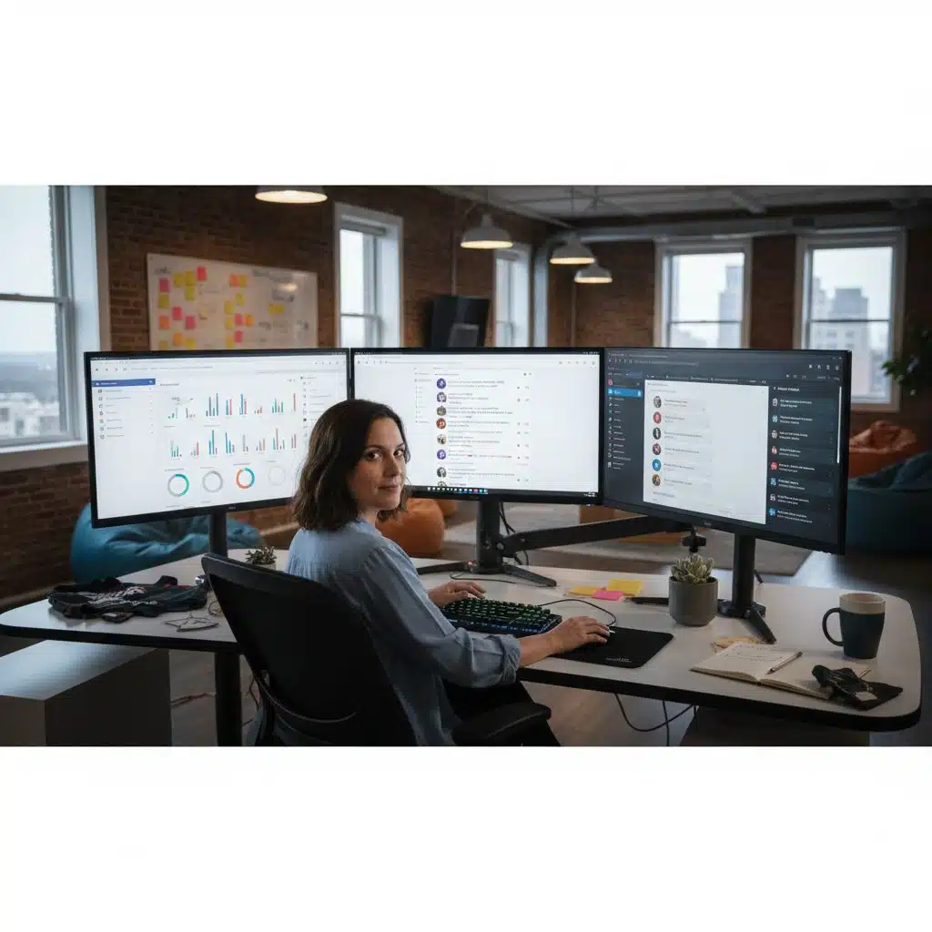 Community manager gérant plusieurs réseaux sociaux depuis son bureau