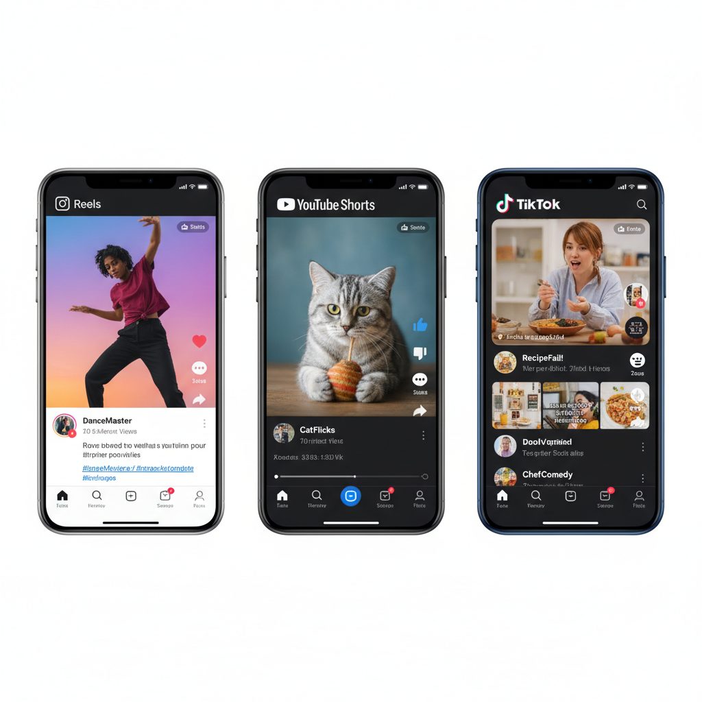 Comparaison des formats vidéo Reels Shorts et TikTok sur smartphones