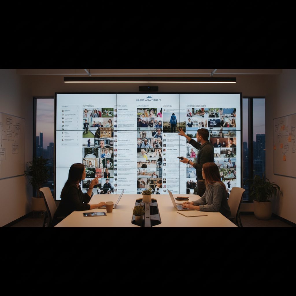 Équipe marketing curant du contenu UGC pour une campagne de marque