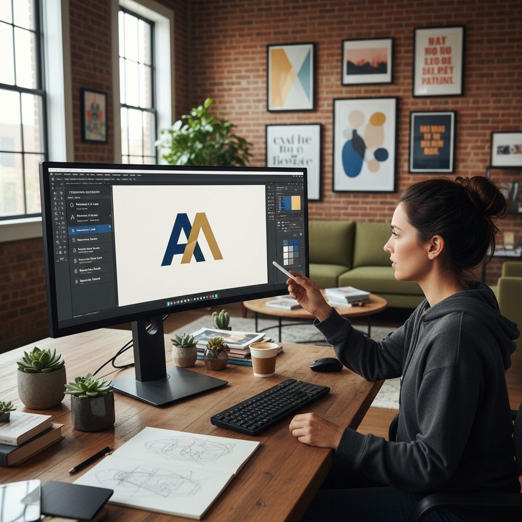 Designer graphique créant une identité de marque sur grand écran