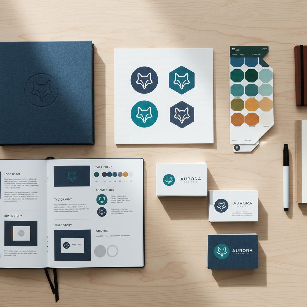 Elements de design identite visuelle avec logo palette couleurs et carte de visite