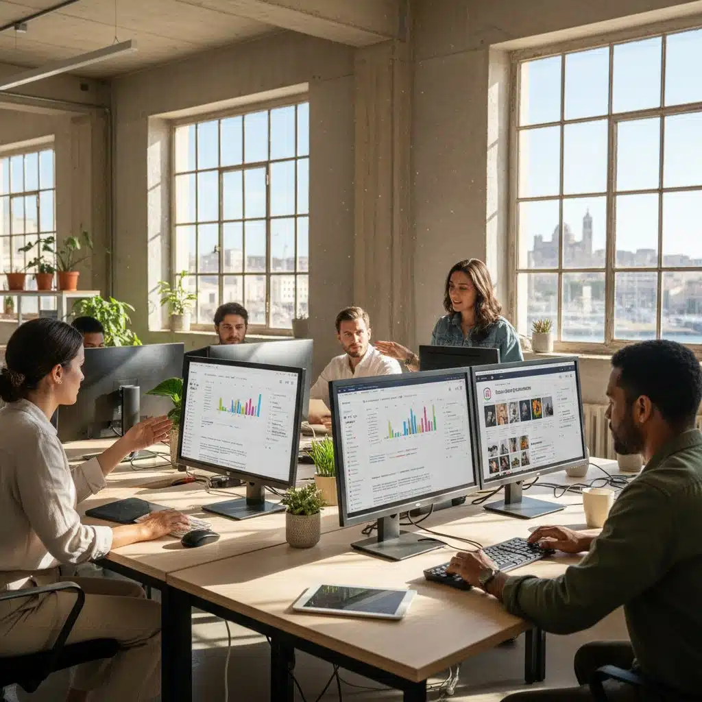 Équipe agence de communication travaillant sur une stratégie Instagram à Marseille