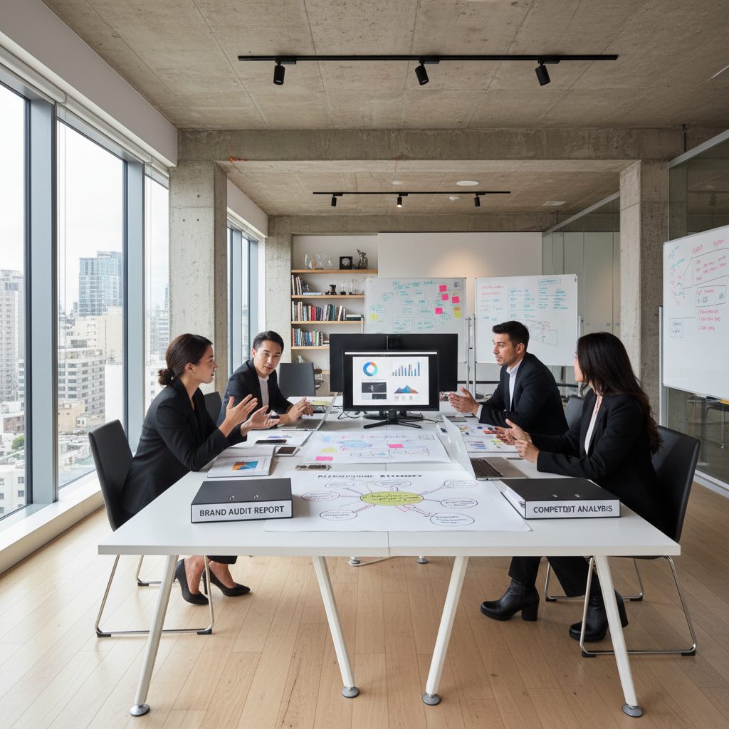 Equipe agence travaillant sur une strategie de repositionnement de marque