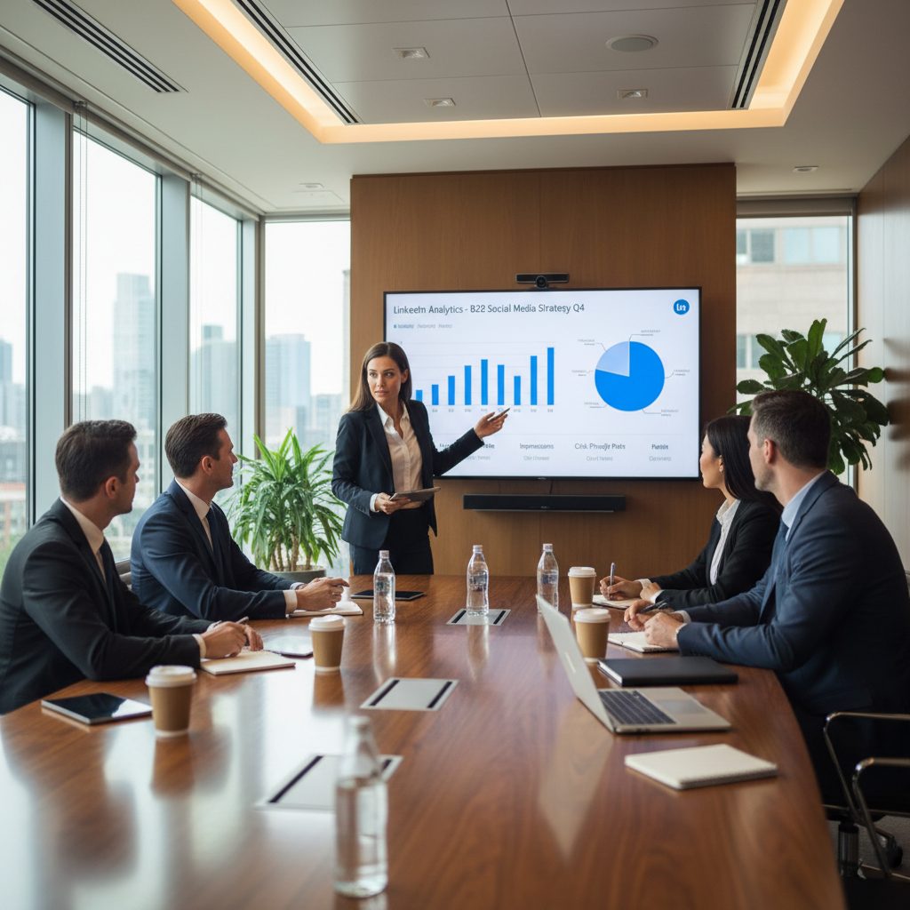 Équipe en réunion discutant stratégie LinkedIn B2B avec analytics