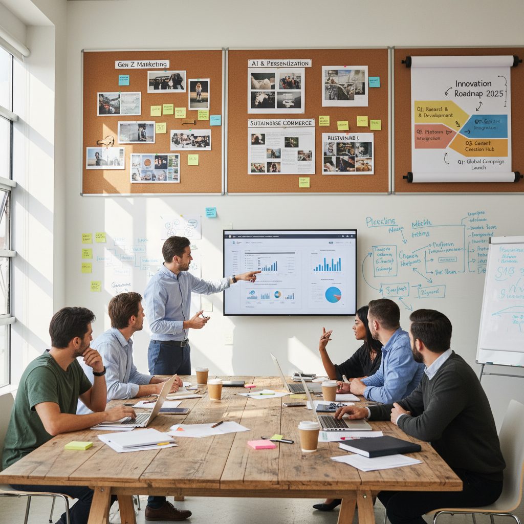 Équipe marketing planifiant la stratégie avec tableau des tendances