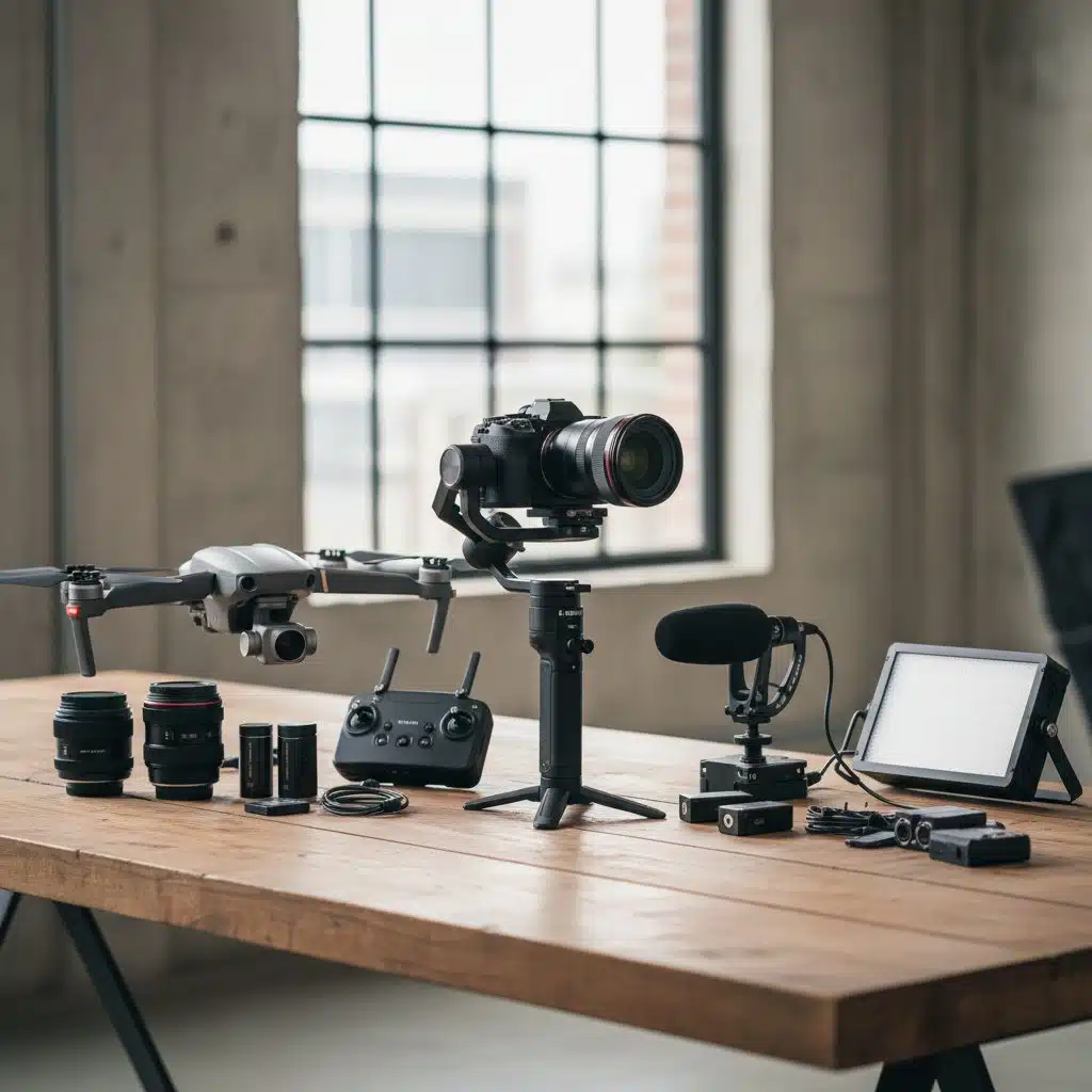 Équipement de production vidéo professionnel disposé sur une table