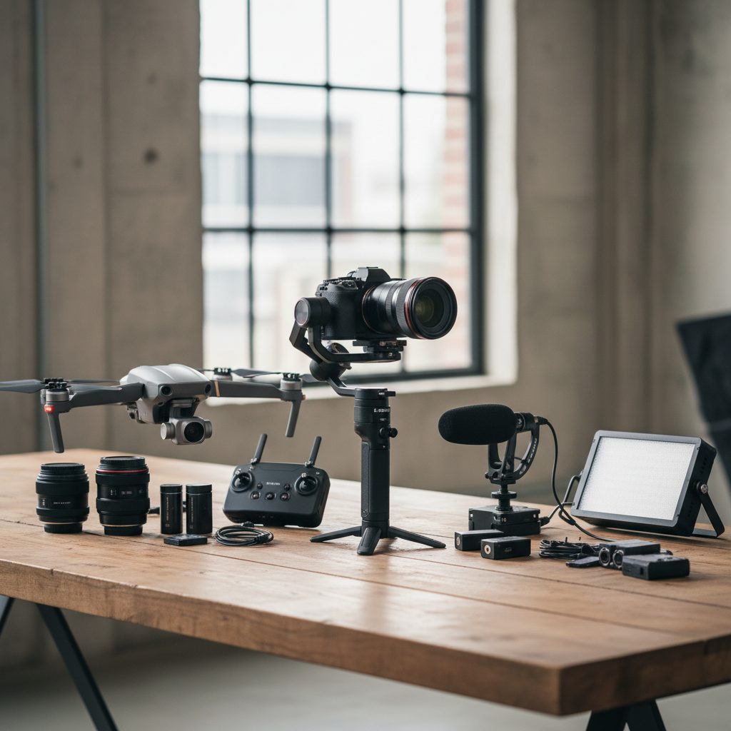 Équipement de production vidéo professionnel disposé sur une table