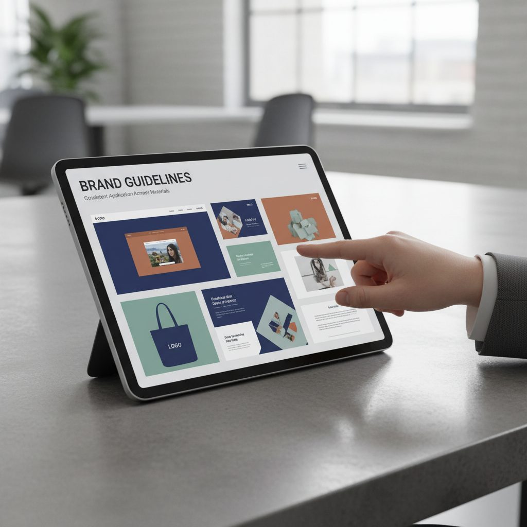 Guide de style de marque affiché sur tablette avec applications visuelles