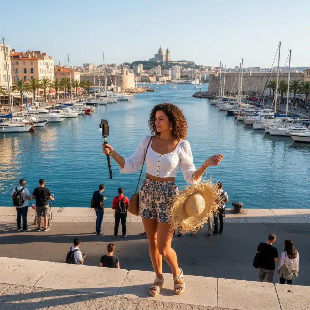 Influenceuse locale creant du contenu au Vieux-Port de Marseille