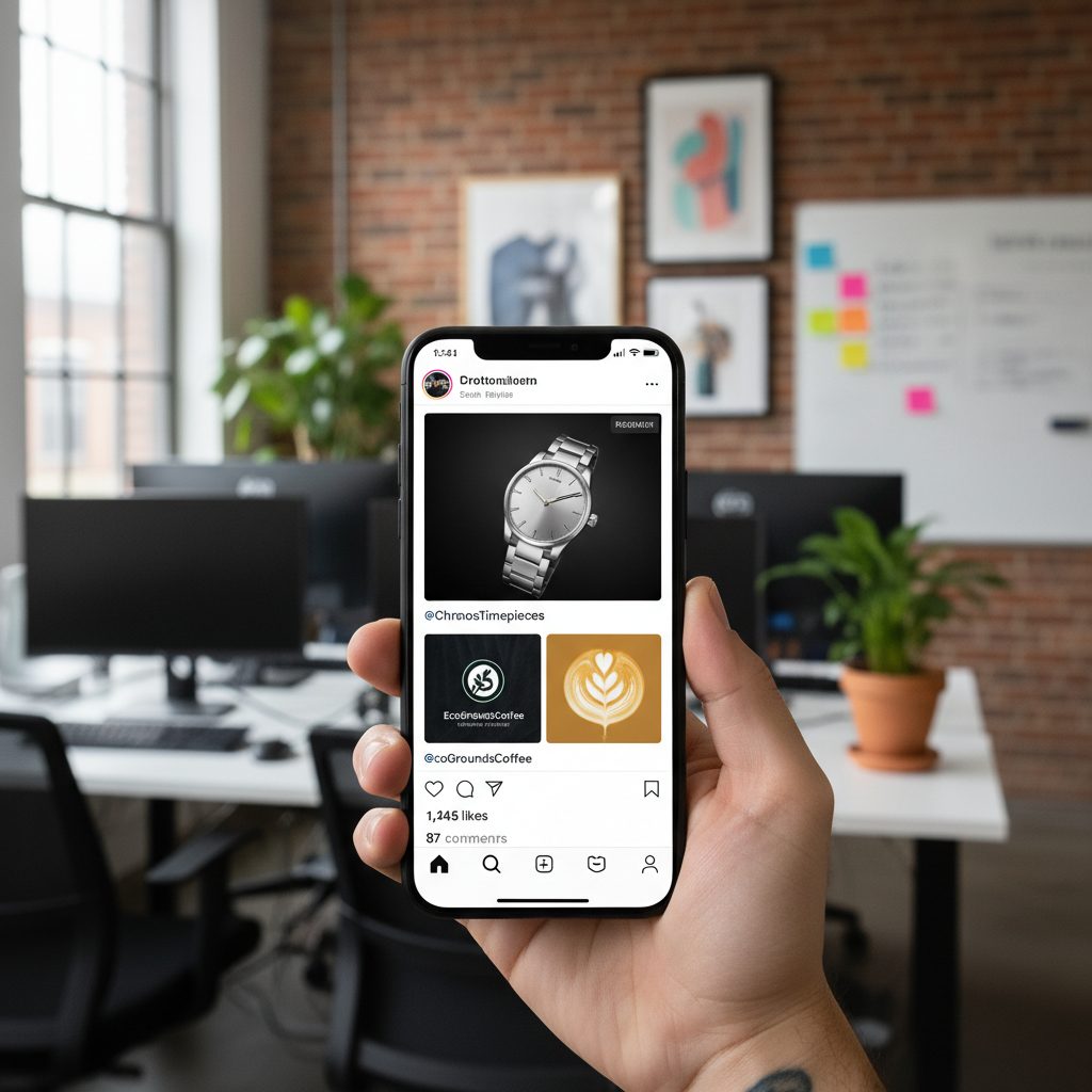 Smartphone affichant un feed Instagram professionnel avec métriques engagement