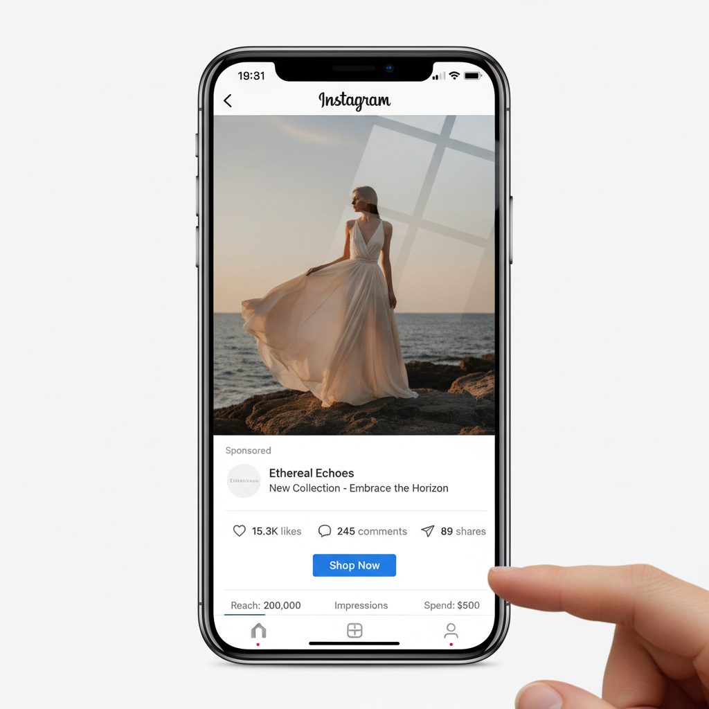 Interface publicitaire Instagram sur smartphone avec metriques engagement